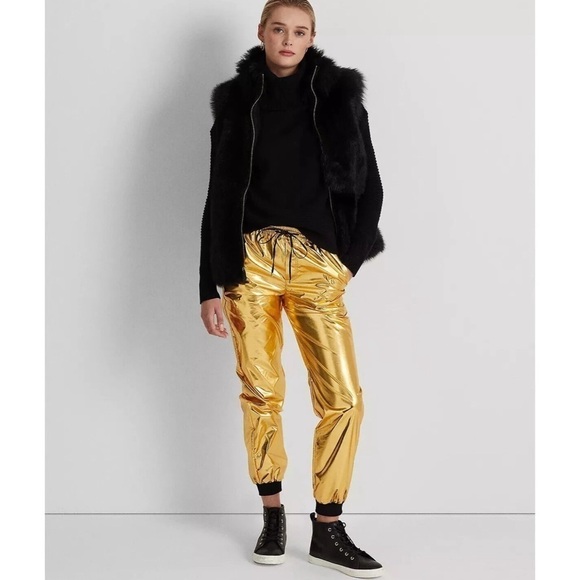 RALPH LAUREN Women's Gold Metallic Taffeta Jogger Track Pants Size 12 NWT $225 - Picture 10 of 11
